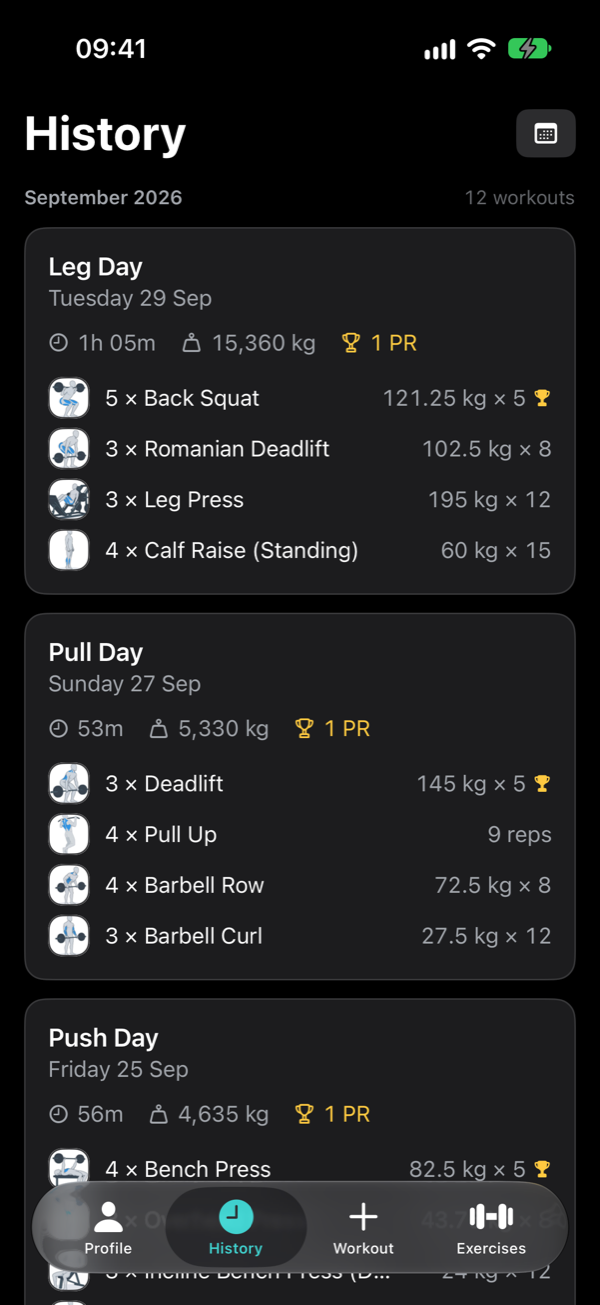 History of finished workouts with duration, volume and best sets
