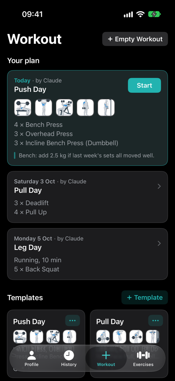Start Workout screen with today's planned Push Day and saved templates