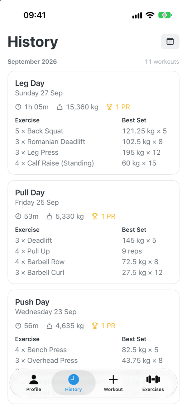 History of finished workouts with duration, volume and best sets