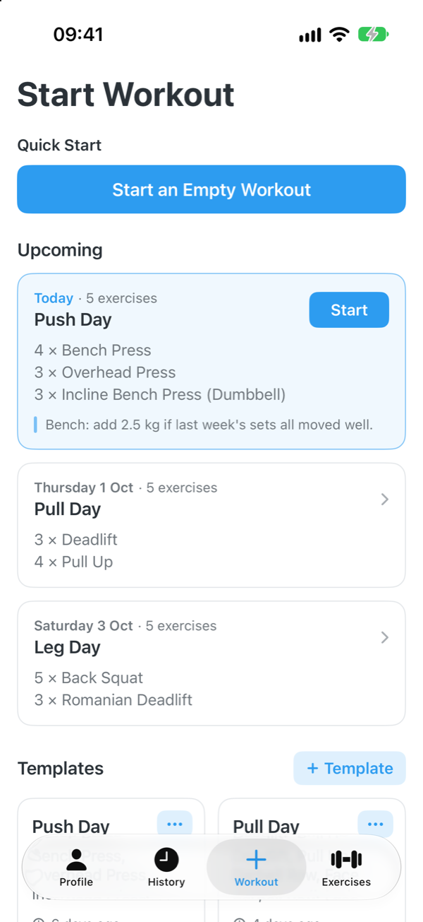 Start Workout screen with today's planned Push Day and saved templates